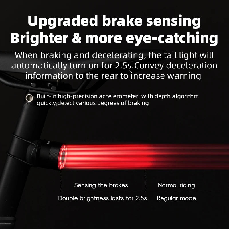 ROCKBROS Bicycle Tail Light Smart Brake Sensing Rear Bike Light Aluminum Waterproof Type-C MTB Road Warning Cycling Taillight