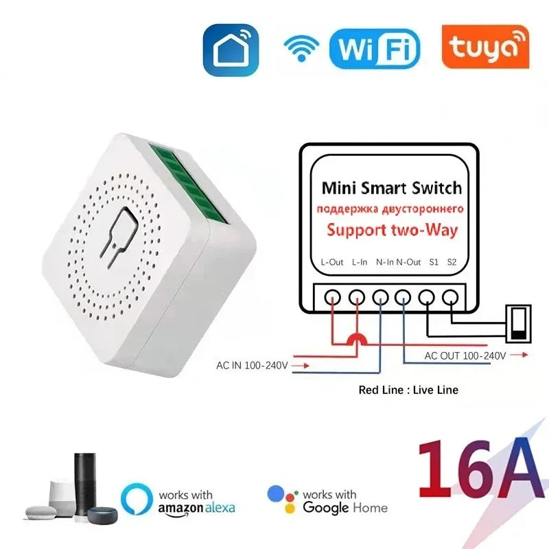 16A works with Tuya WiFi Smart Switch Module 2-way Control Mini Switch Breaker Smart Life Work With Alexa Google Alice