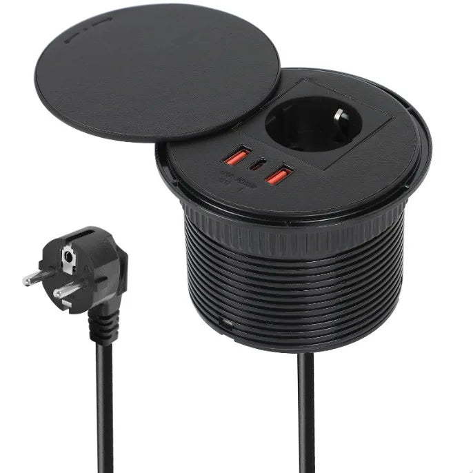 FUNAYA Embedded Circular Desktop Socket EU SG UK Plug with USB TYPE-C Charging Built-in Desk Countertop Table Extension Outlets