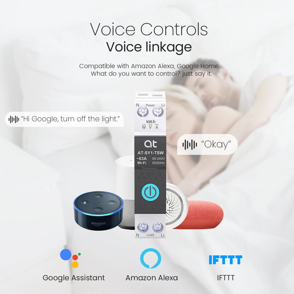 Tuya WiFi Circuit Breaker Smart 1P+N 63A  MCB Timer Power Energy kWh Voltage Current Meter Protector Voice Remote Control Switch