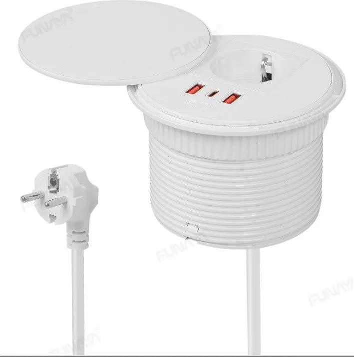 FUNAYA Embedded Circular Desktop Socket EU SG UK Plug with USB TYPE-C Charging Built-in Desk Countertop Table Extension Outlets