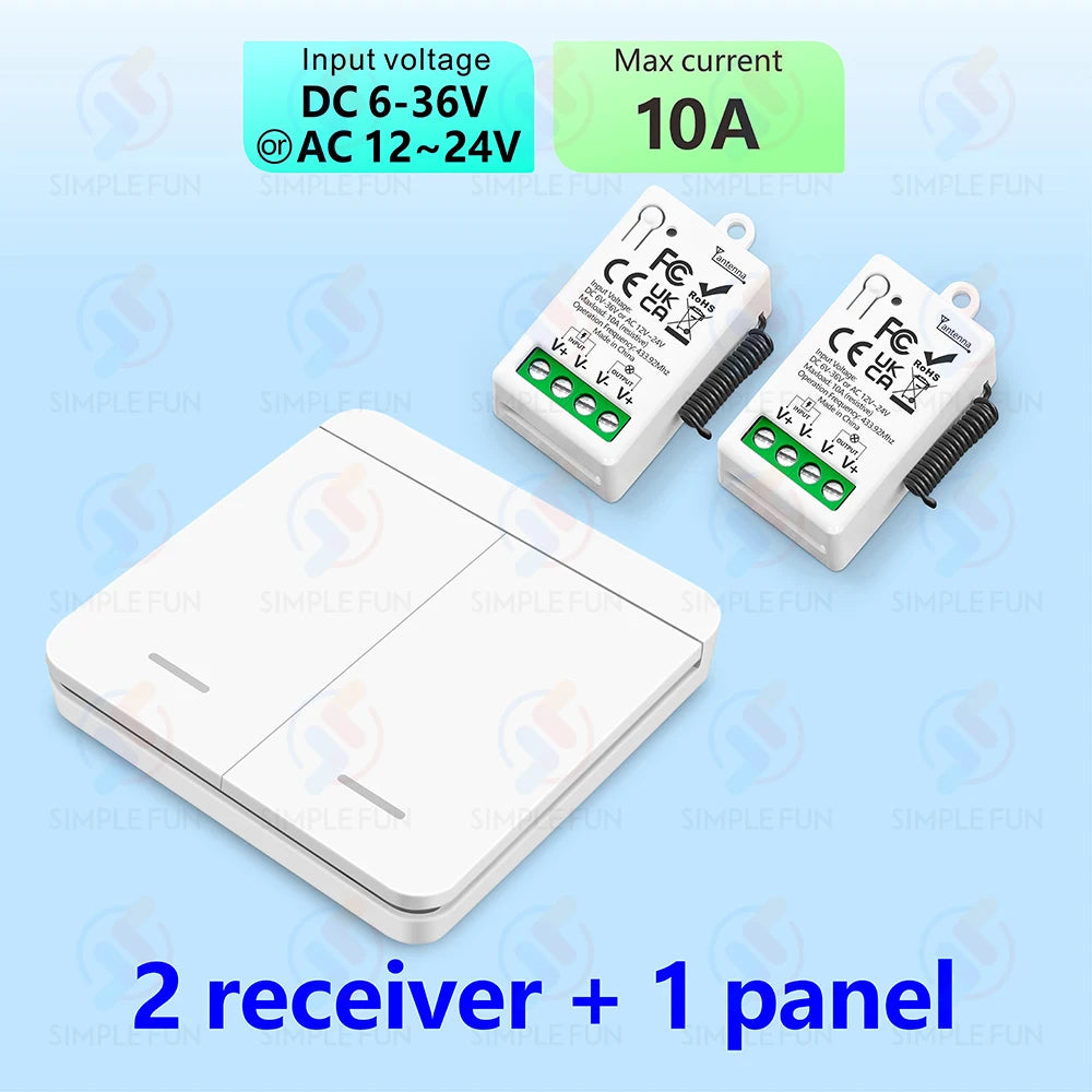 433Mhz Wireless Remote Control Light Switch DC 6V 12V 24V 30V 36V 10A Relay Receiver 500m Range,for LED Pumps Fan Magnetic Lock