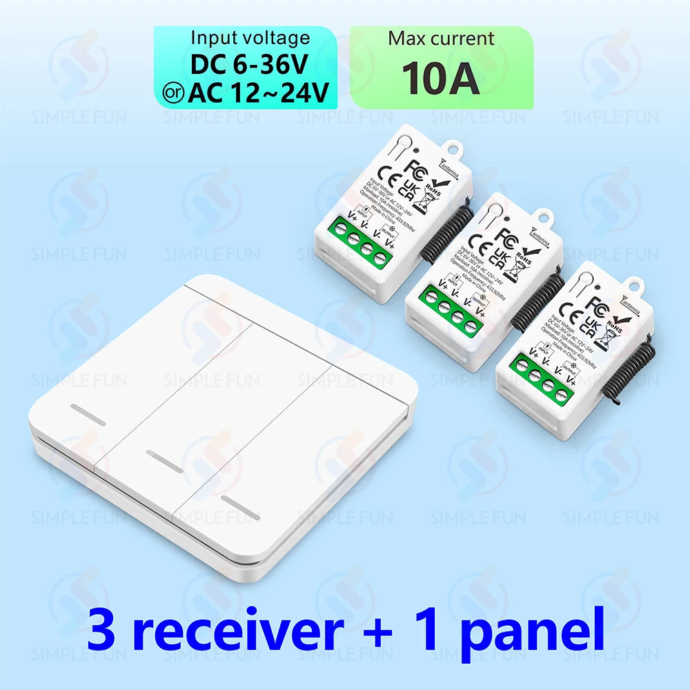 433Mhz Wireless Remote Control Light Switch DC 6V 12V 24V 30V 36V 10A Relay Receiver 500m Range,for LED Pumps Fan Magnetic Lock