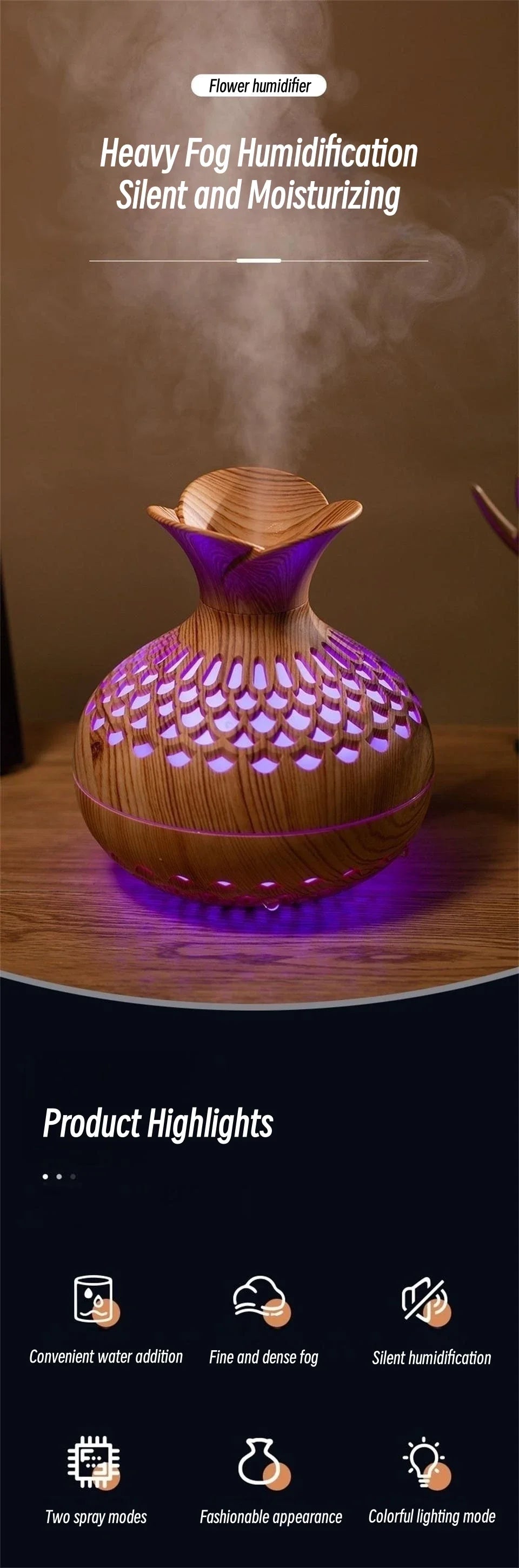 Wood Grain Vase Humidifier Household Electric Ultrasonic Air Humidifier Desktop Essential Oil Diffuser Air Purifier Home Room