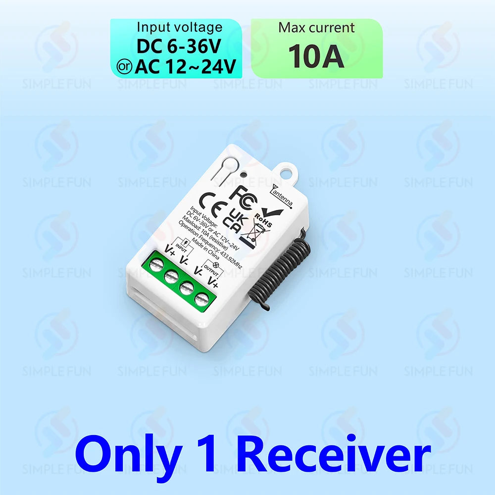 433Mhz Wireless Remote Control Light Switch DC 6V 12V 24V 30V 36V 10A Relay Receiver 500m Range,for LED Pumps Fan Magnetic Lock