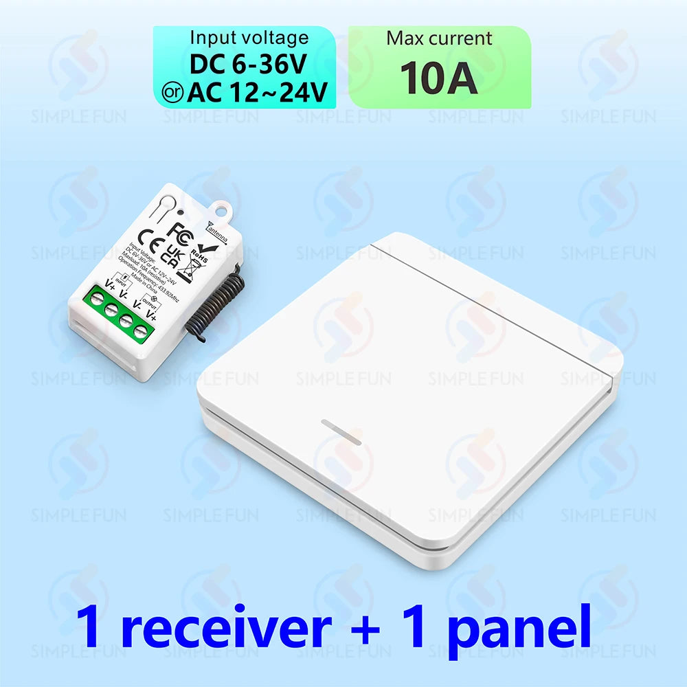 433Mhz Wireless Remote Control Light Switch DC 6V 12V 24V 30V 36V 10A Relay Receiver 500m Range,for LED Pumps Fan Magnetic Lock