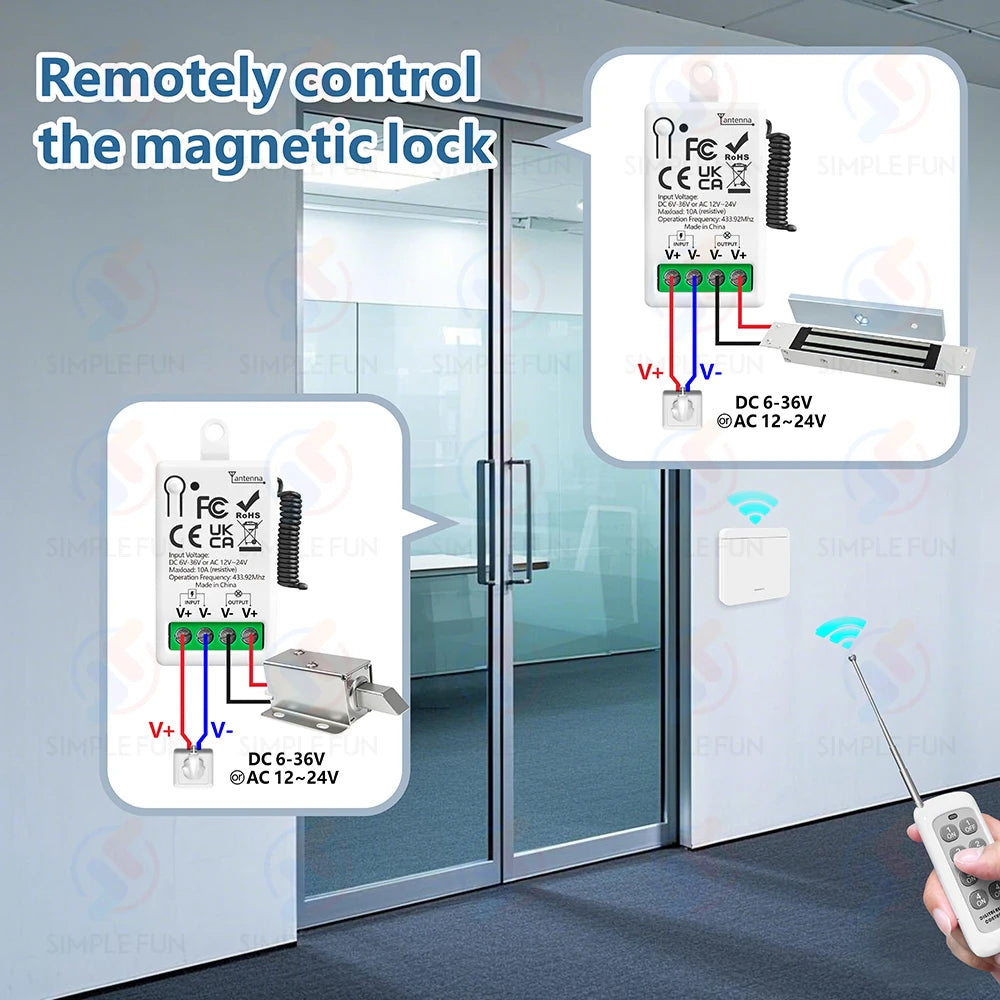 433Mhz Wireless Remote Control Light Switch DC 6V 12V 24V 30V 36V 10A Relay Receiver 500m Range,for LED Pumps Fan Magnetic Lock