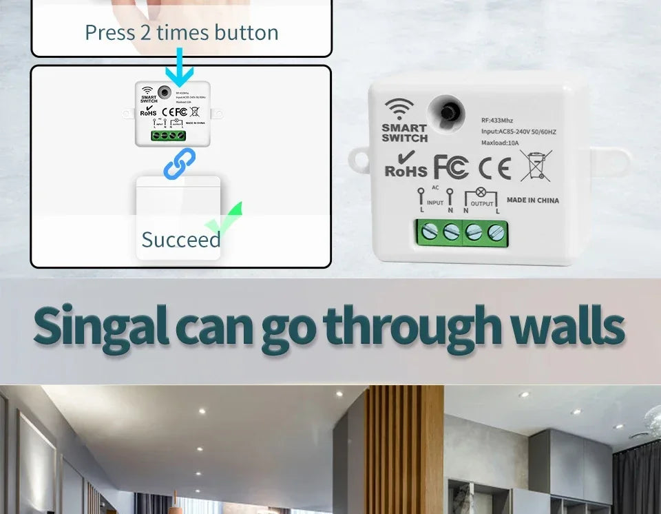 Wireless Light Wall Switch Relay Receiver RF 433Mhz 10A 110V 220V 1/2/3Gang Panel Switch Remote Control Interruptor for LED Lamp