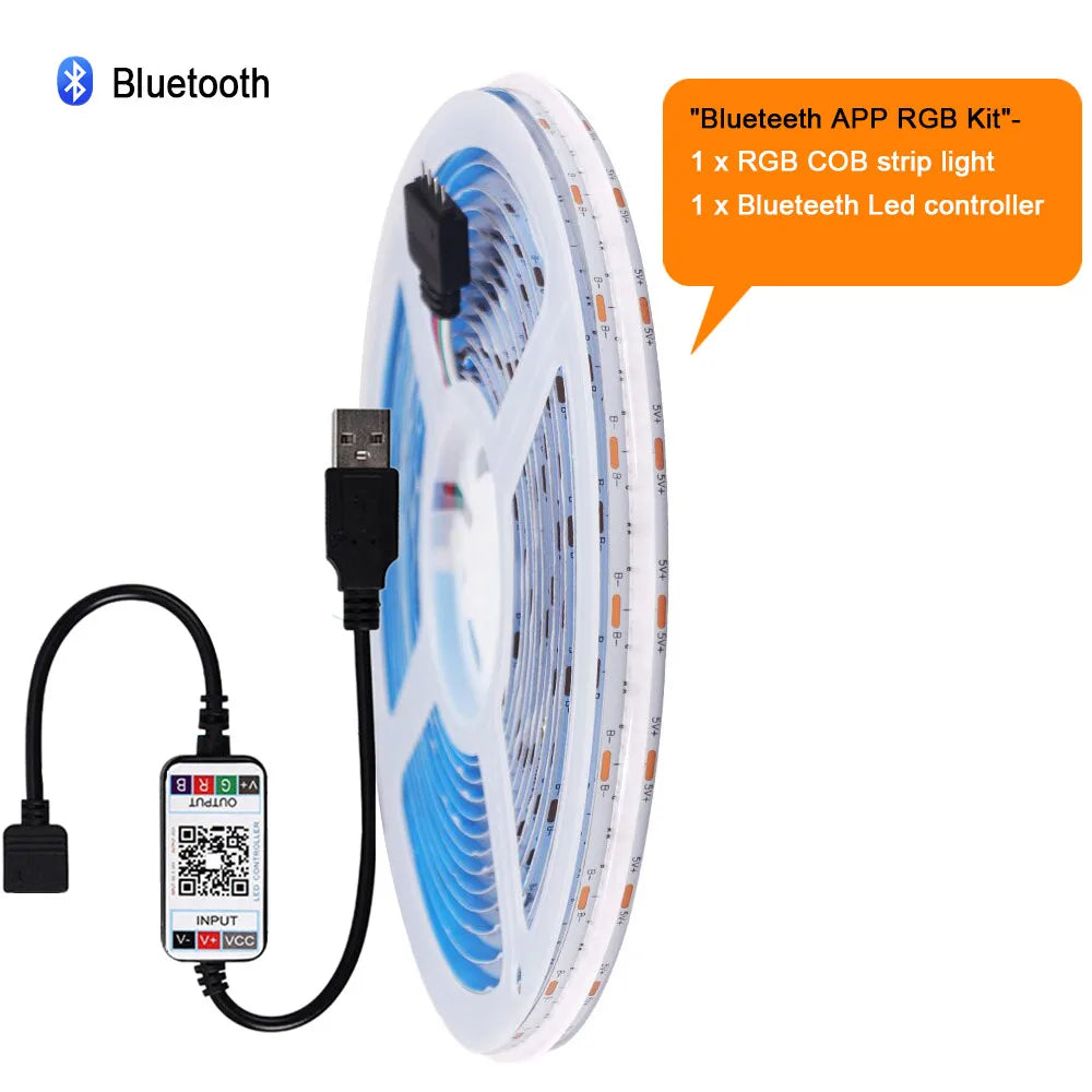 Wifi Bluetooth-compatible RGB COB LED Strip Light 5V 24key 44key Kit Remote Control 576LED High Density Linear Lights Flex Tape