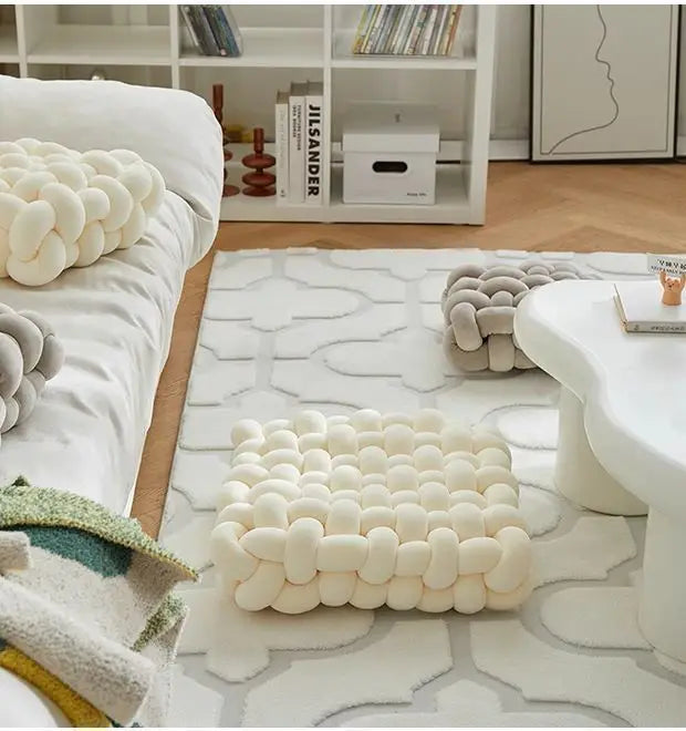 Living Room Soft Plush Knot Cushion,Sofa Pillow Solid Square Hand-Woven Home Throw Pillow,Square Woven Seat Cushion