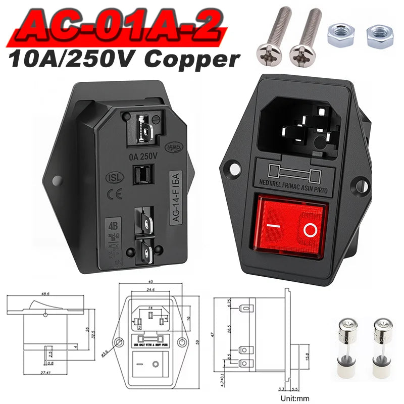 IEC 320 C13 C14 AC Inlet Power Plug Socket 250V 10A Fuse Red Lamp Rocker Switch Rewirable 3Pin Electrical Male Female Connector