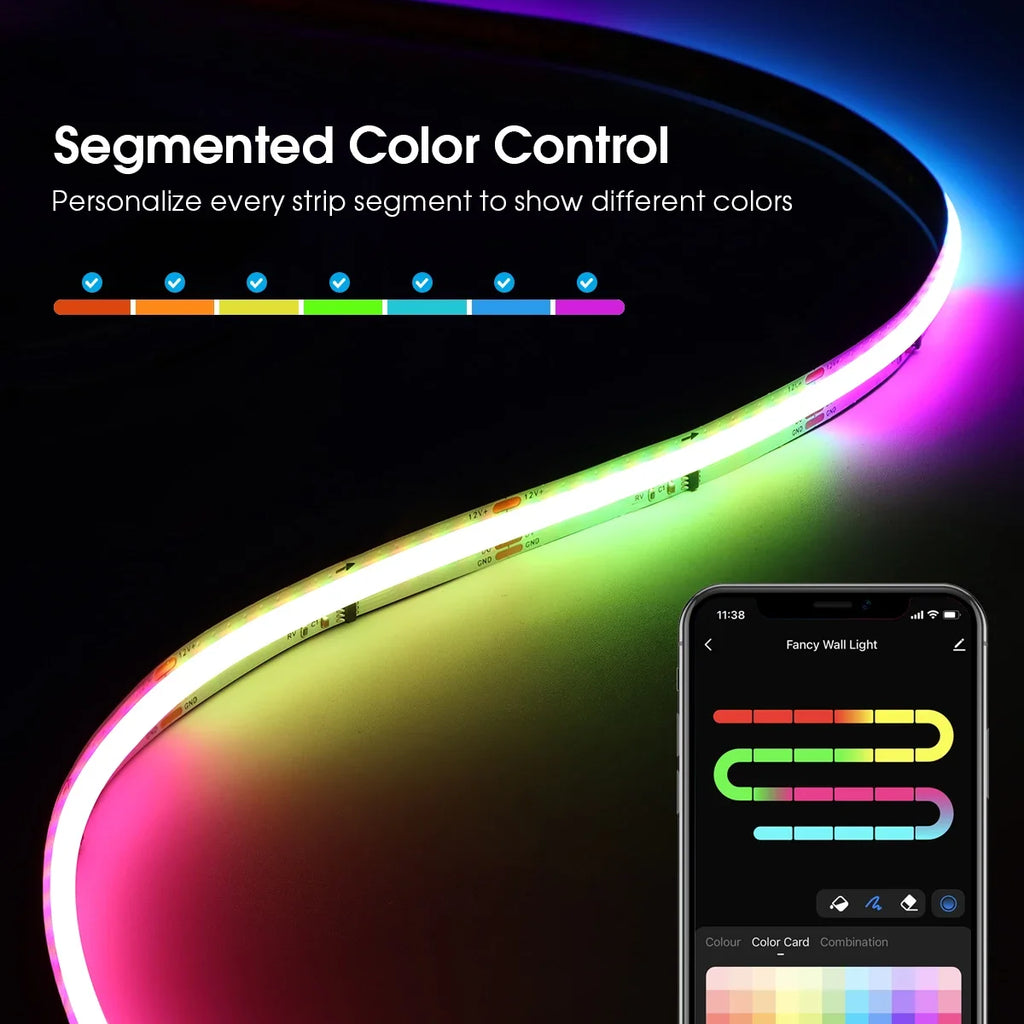 12V Tuya Smart Life App Control RGBIC COB LED Strip Light DIY Addressable WS2811 IC Flexible Tape Ambinet Light for Alexa Google