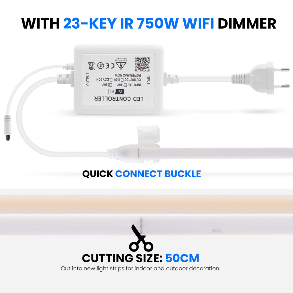 220V Smart COB Strip LED Neon Light 10M 20M 30M 288Leds/m WIFI Bluetooth Dimmable Tape IP67 Waterproof Rope For Room Outdoor