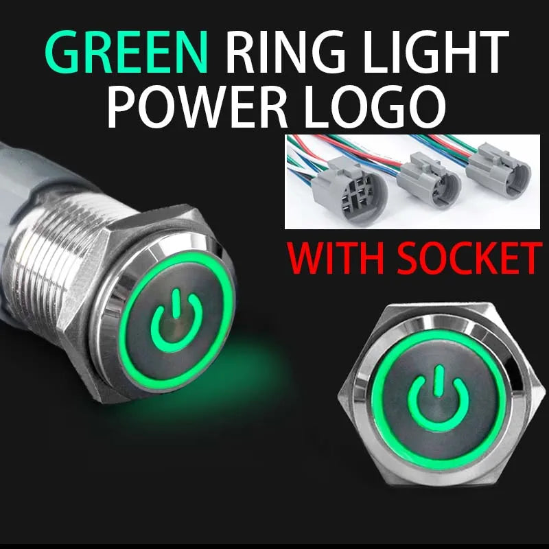 16 19 22mm With Wire Waterproof Metal Push Button Switch LED Ring/Power Light Momentary Latching 5/12/24/220V silver1NO1NC