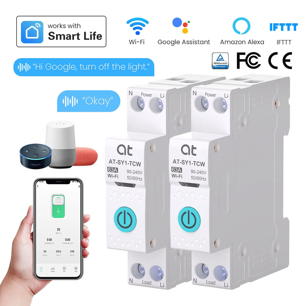 Tuya WiFi Smart Circuit Breaker 1P+N MCB 63A Timer Power Energy kWh Voltage Current Meter Protector Voice Remote Control Switch