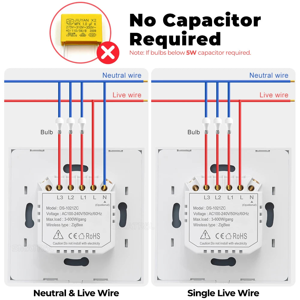 Tuya Zigbee Smart Switch No Neutral Wire No Capacitor 1/2/3Gang EU Wall Push Light Switch Smart Life APP Voice for Alexa Google