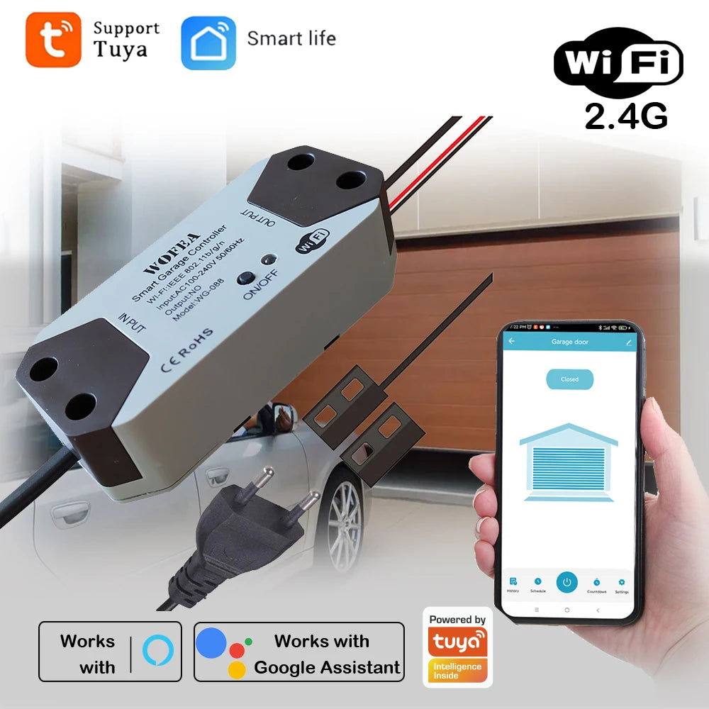 Smart Garage Door Opener Controller, EU plug, Work with Alexa, Echo, Google Home, SmartLife, Tuya App Control, No Hub Required