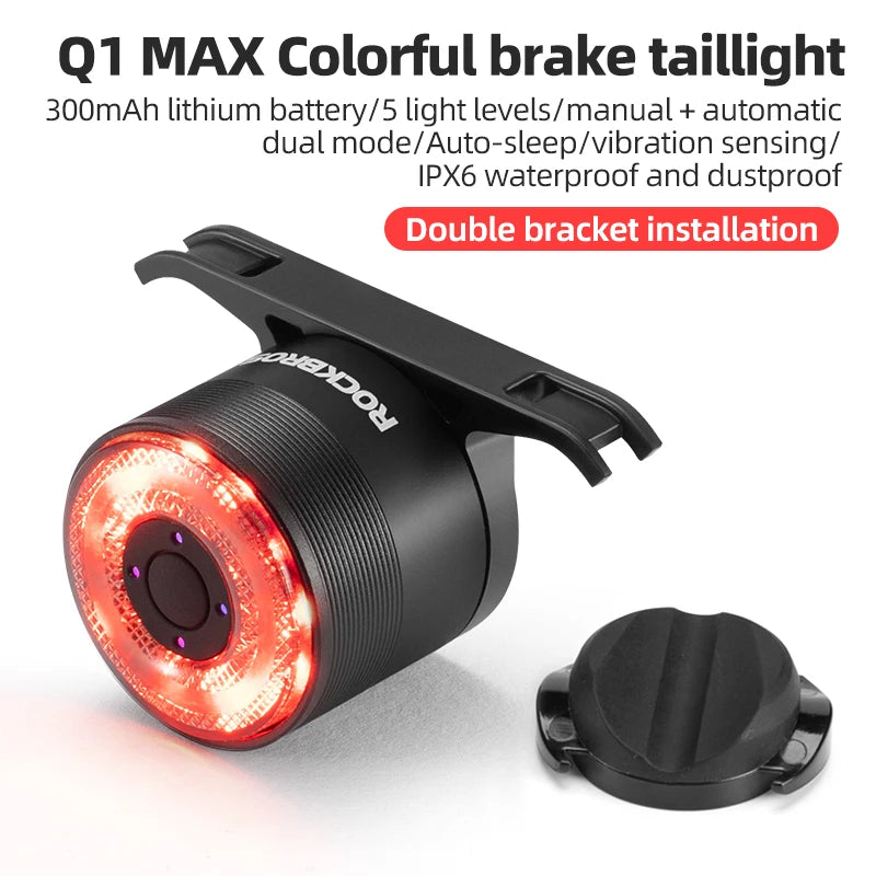 ROCKBROS Bicycle Tail Light Smart Brake Sensing Rear Bike Light Aluminum Waterproof Type-C MTB Road Warning Cycling Taillight