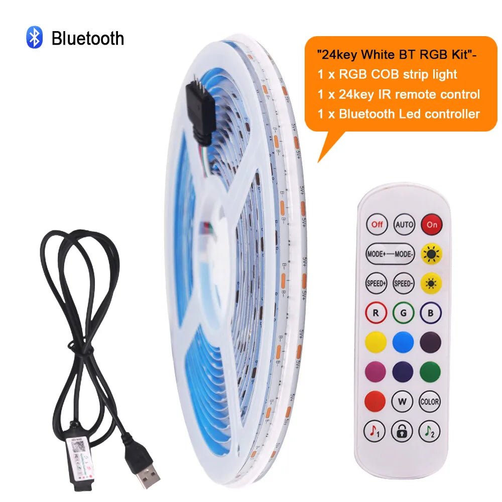 Wifi Bluetooth-compatible RGB COB LED Strip Light 5V 24key 44key Kit Remote Control 576LED High Density Linear Lights Flex Tape