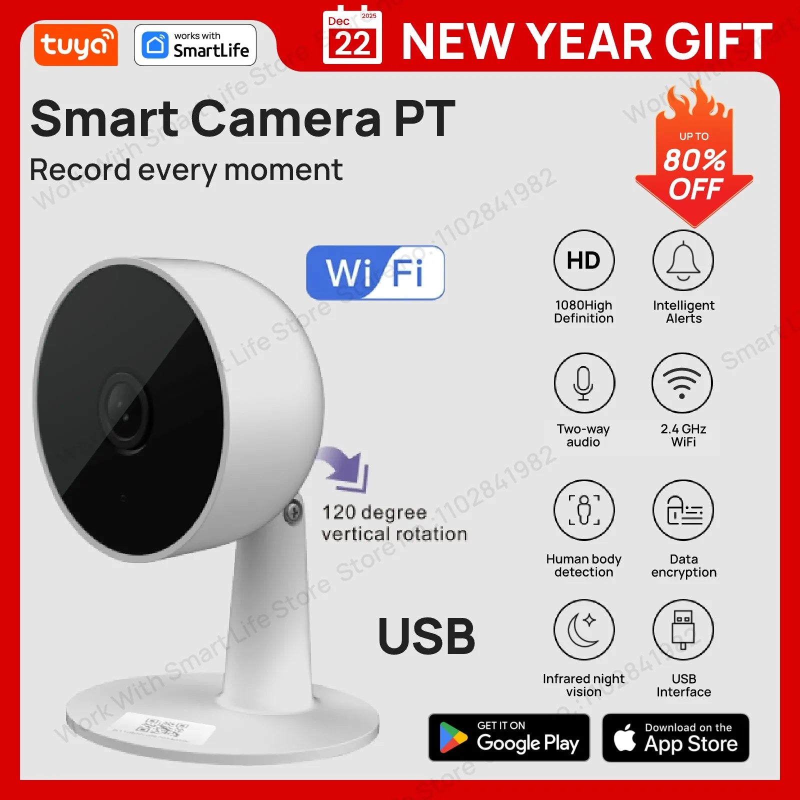 Tuya Smart 1080p Wi-Fi Smart Home Security Camera 2MP, HD,Real-time APP Alerts, 2-Way Audio, with Motion Tracking for Baby & Pet