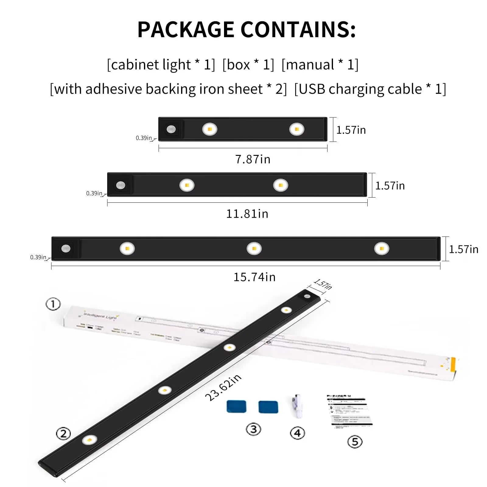 White/Black LED Cabinet Light USB Rechargeable Motion Sensor LED Light for Kitchen Wardrobe Cabinet Lighting 20CM/30CM/40CM/50CM