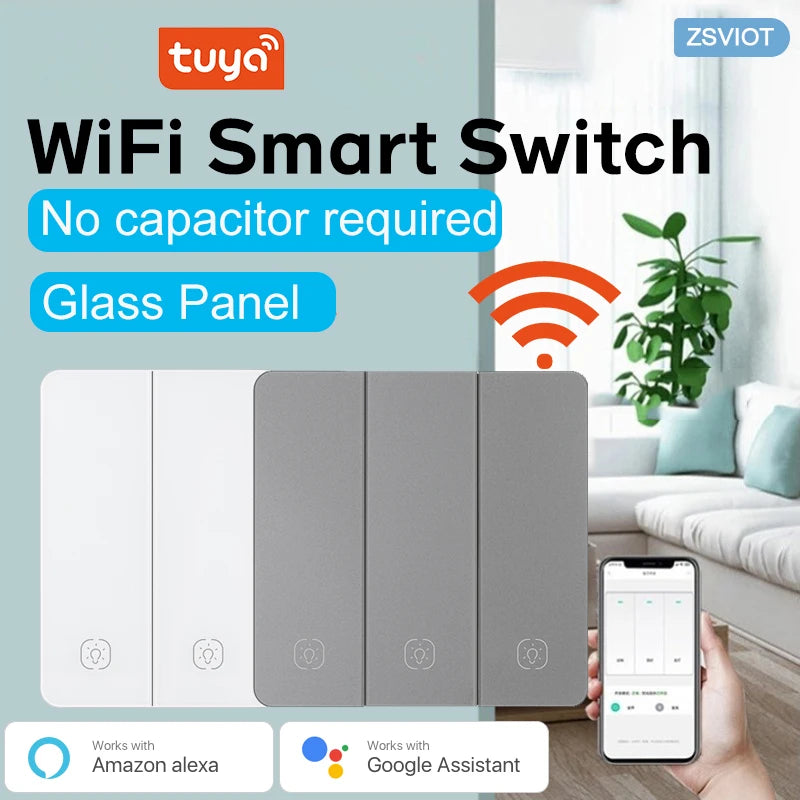 Tuya Smart WiFi Smart Light Switches glass panel No Neutral Wire No capacitor required Remote control Support Alexa Google Home