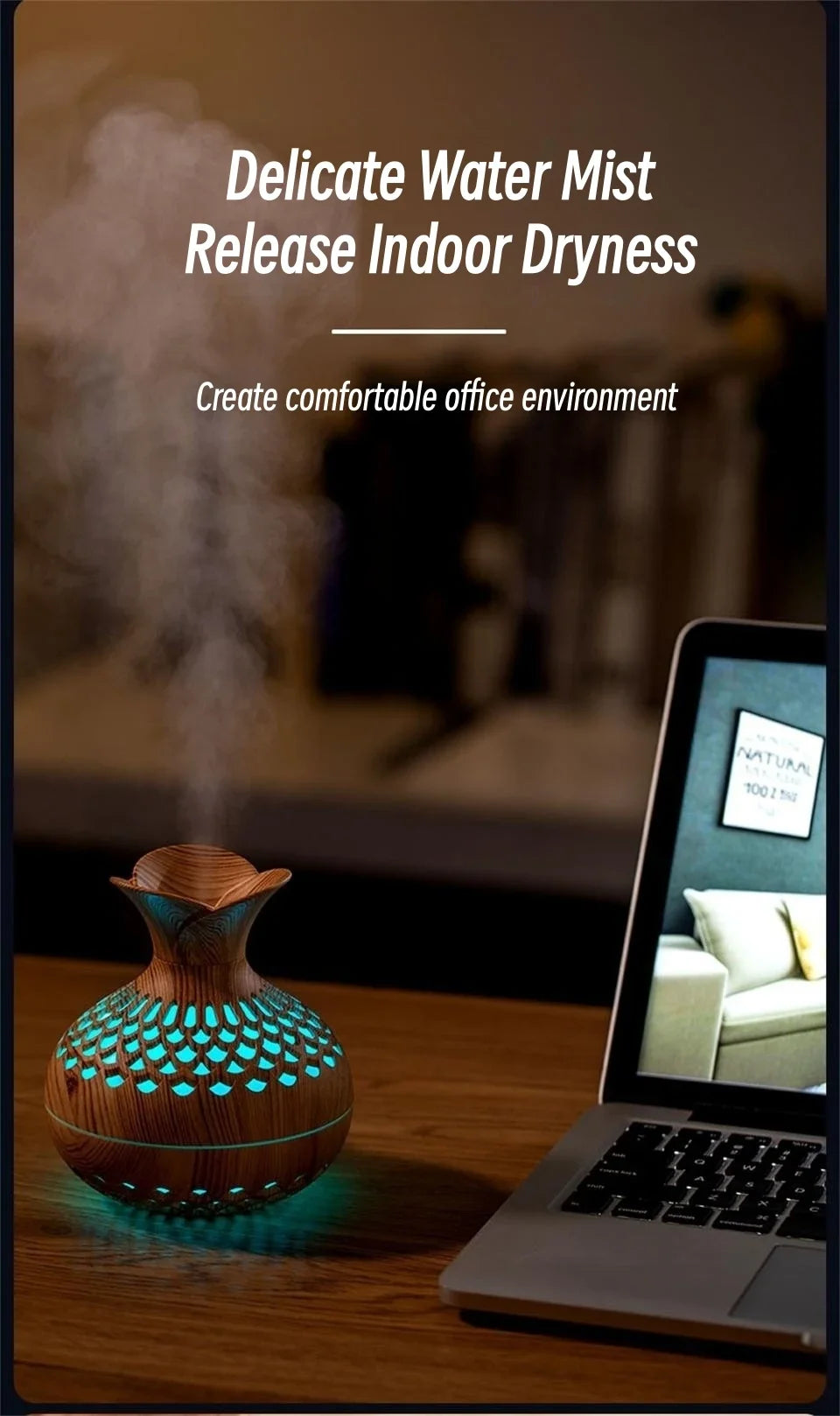 Wood Grain Vase Humidifier Household Electric Ultrasonic Air Humidifier Desktop Essential Oil Diffuser Air Purifier Home Room