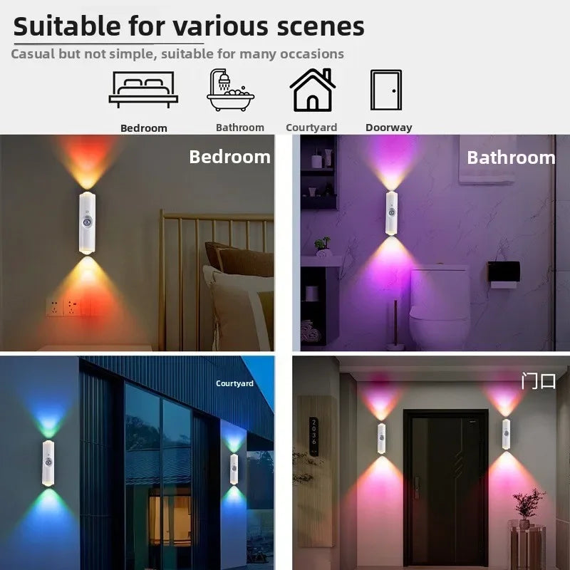 Smart RGB Double-head Wall Light Motion Sensor Magnetic Night Light Rechargeable Spotlight for Bedroom Closet Garden Room Decor