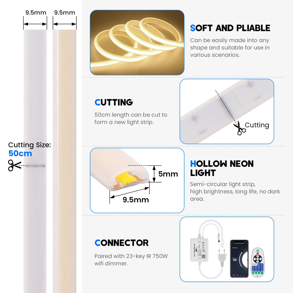220V Smart COB Strip LED Neon Light 10M 20M 30M 288Leds/m WIFI Bluetooth Dimmable Tape IP67 Waterproof Rope For Room Outdoor