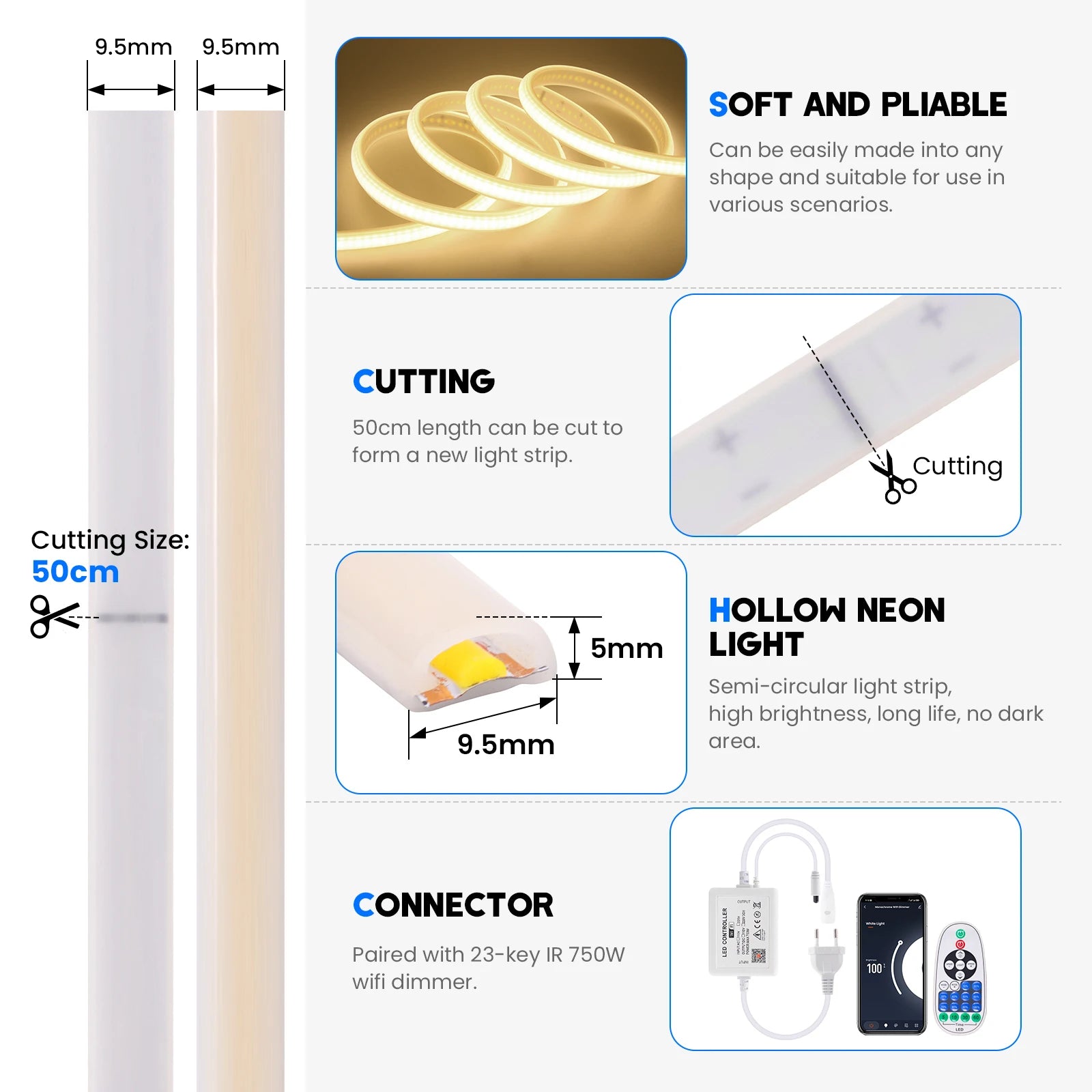 220V Smart COB Strip LED Neon Light 10M 20M 30M 288Leds/m WIFI Bluetooth Dimmable Tape IP67 Waterproof Rope For Room Outdoor