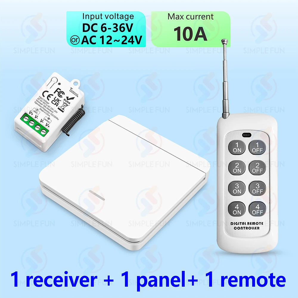 433Mhz Wireless Remote Control Light Switch DC 6V 12V 24V 30V 36V 10A Relay Receiver 500m Range,for LED Pumps Fan Magnetic Lock