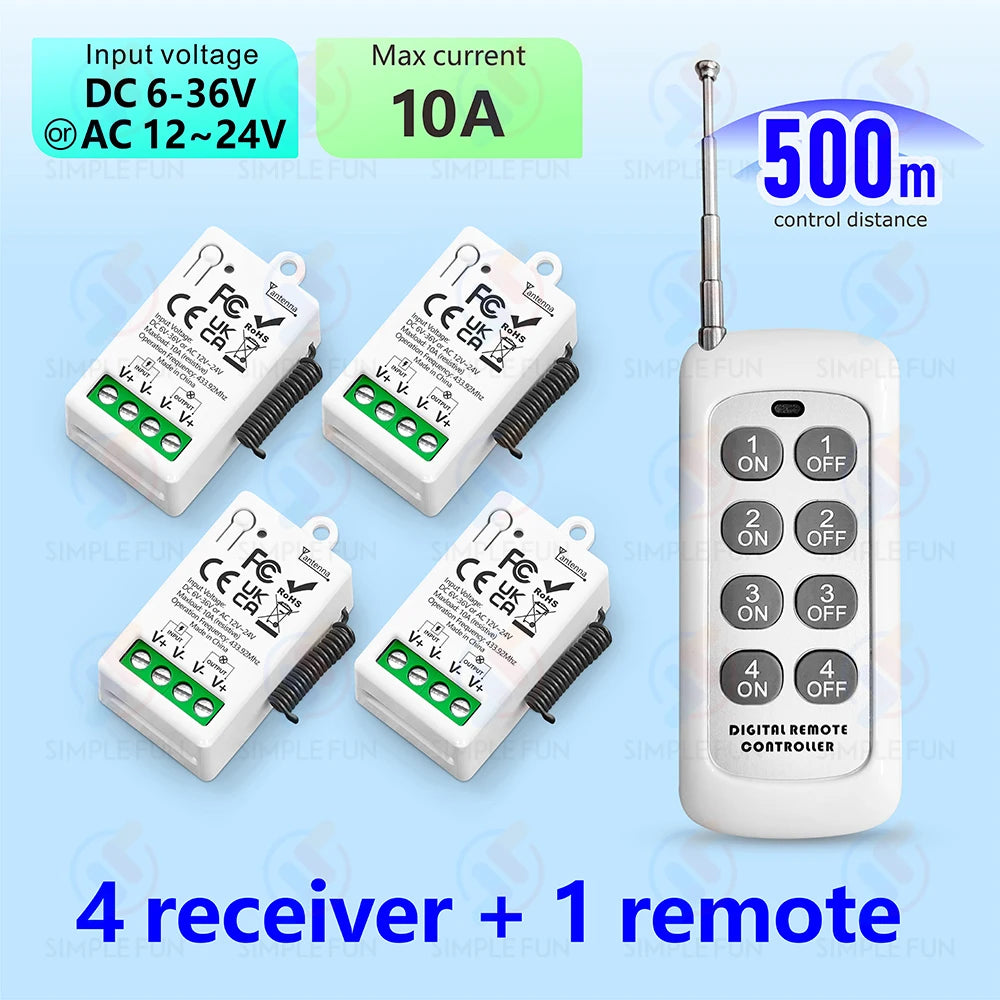 433Mhz Wireless Remote Control Light Switch DC 6V 12V 24V 30V 36V 10A Relay Receiver 500m Range,for LED Pumps Fan Magnetic Lock