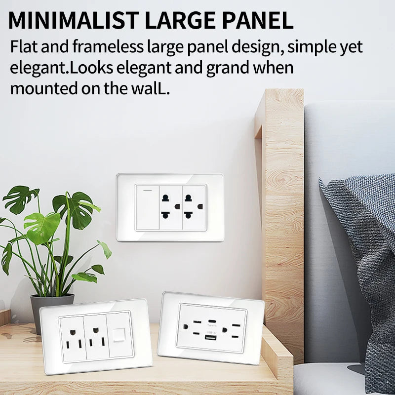 DIY Modular Tempered Glass Wall Plate2x4inch NEMA 5-15R Duplex Outlet US EU Italy Chile Interchangeable Electrical Socket Module