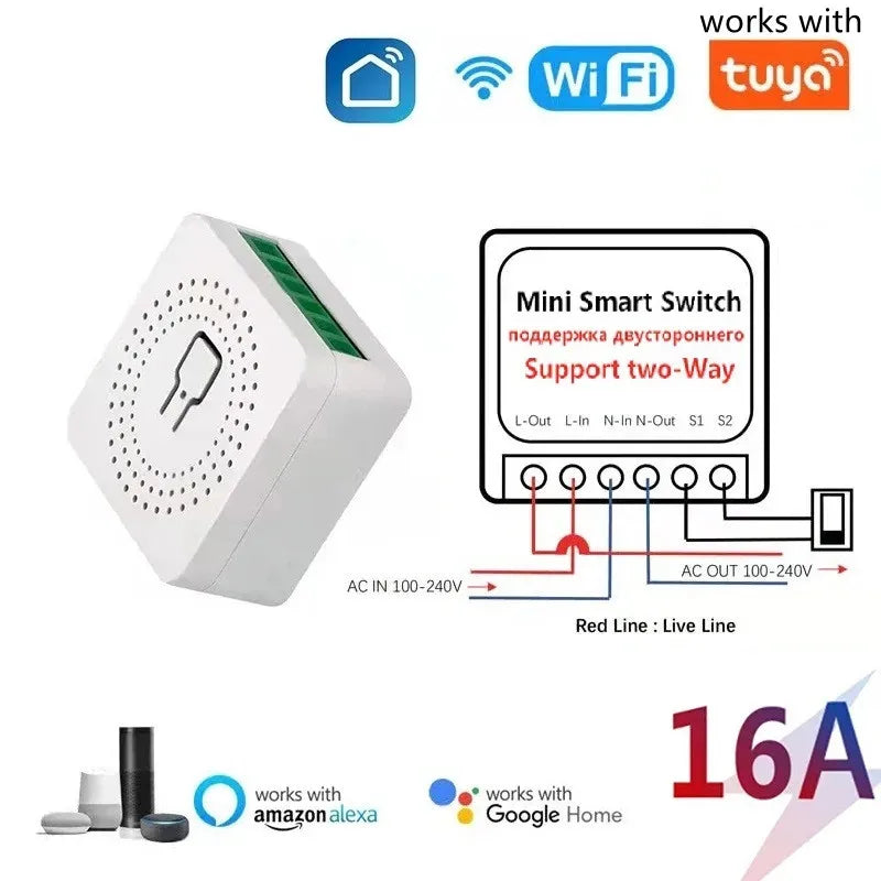 16A works with Tuya WiFi Smart Switch Module 2-way Control Mini Switch Breaker Smart Life Work With Alexa Google Alice