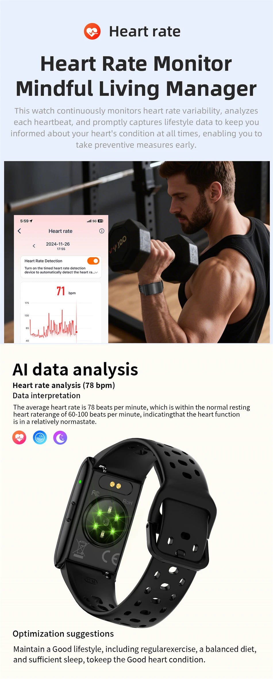 New GPS Trajectory AI Health Bracelet Heart Rate Blood Pressure HRV Monitor Call Reminder Smart Watch Sport Band Fitness Tracker
