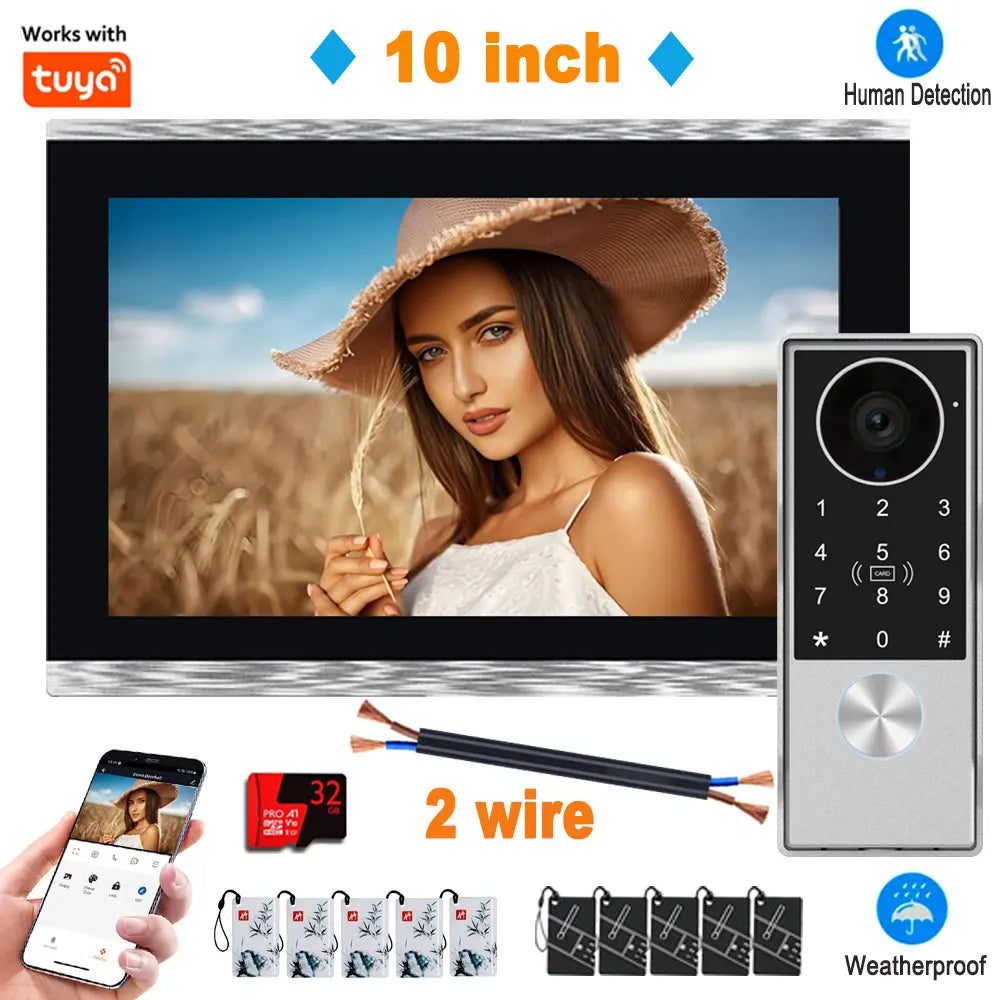 2-Wire Smart Video intercom doorbell 5G WiFi 7/10 inch Touch Screen 1080P Rainproof Camera Password Video Doorphone 5in1 Unlock