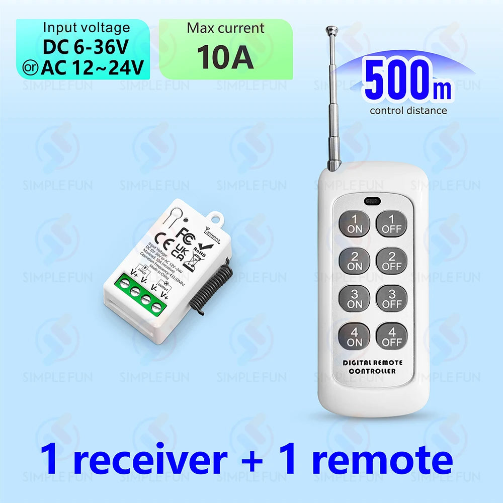 433Mhz Wireless Remote Control Light Switch DC 6V 12V 24V 30V 36V 10A Relay Receiver 500m Range,for LED Pumps Fan Magnetic Lock