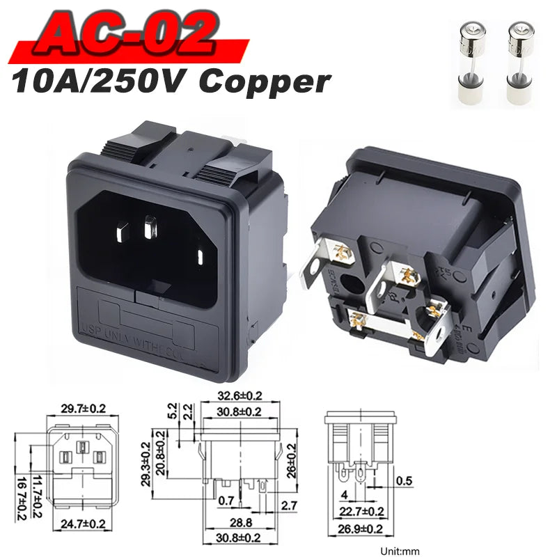 IEC 320 C13 C14 AC Inlet Power Plug Socket 250V 10A Fuse Red Lamp Rocker Switch Rewirable 3Pin Electrical Male Female Connector