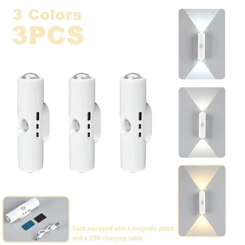 Smart RGB Double-head Wall Light Motion Sensor Magnetic Night Light Rechargeable Spotlight for Bedroom Closet Garden Room Decor